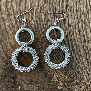 Vintage 80s Textured Silver Tone Double Hoop Statement Earrings